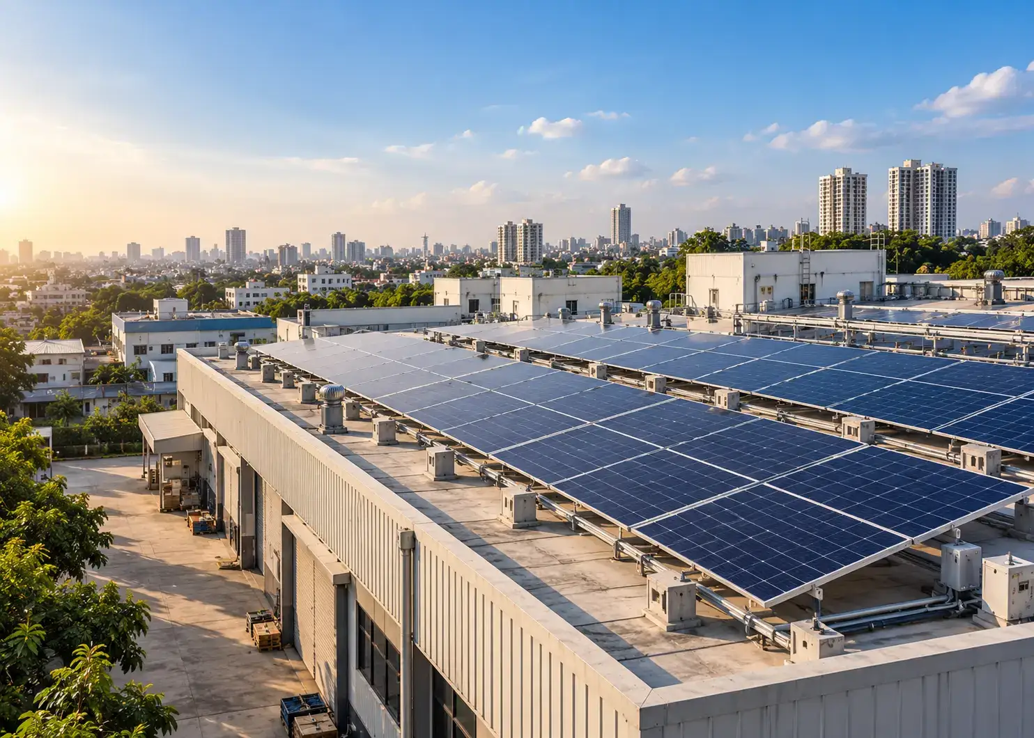 Solar panels across a large urban rooftop in warm evening light