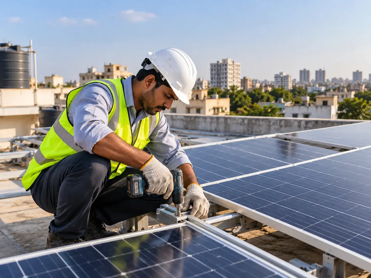 A technician securing a solar panel to a rooftop mounting frame