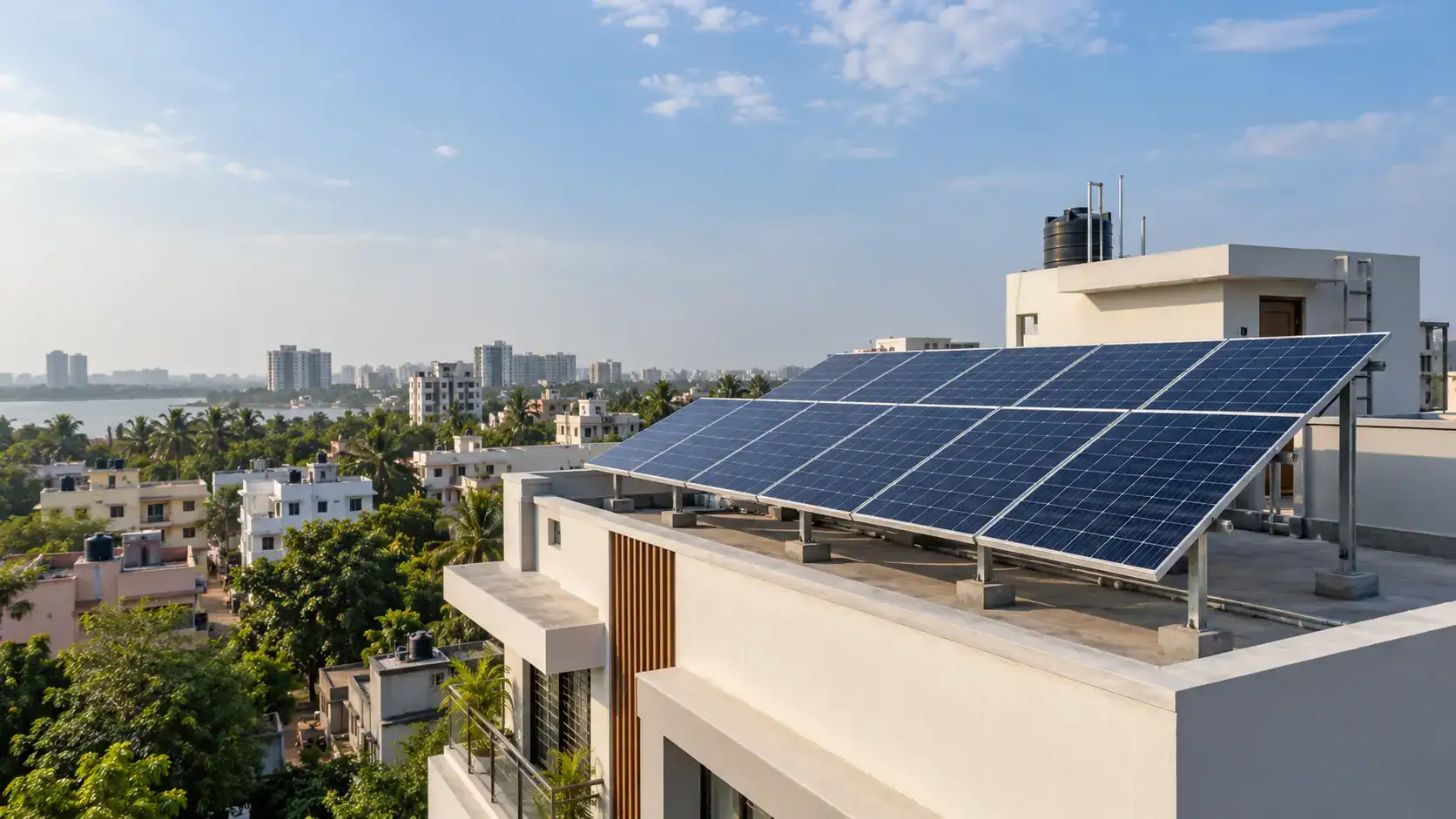 An elevated solar panel array on a flat residential rooftop
